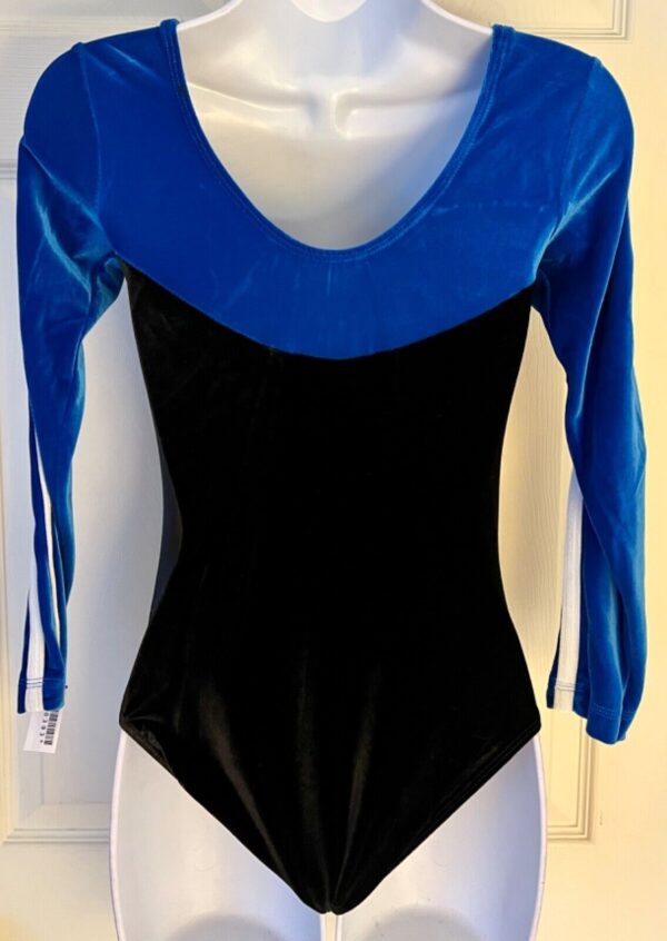 GK LgSLV LADIES SMALL ROYAL & BLACK VELVET WHITE GYMNASTICS DANCE LEOTARD Sz AS - Image 5