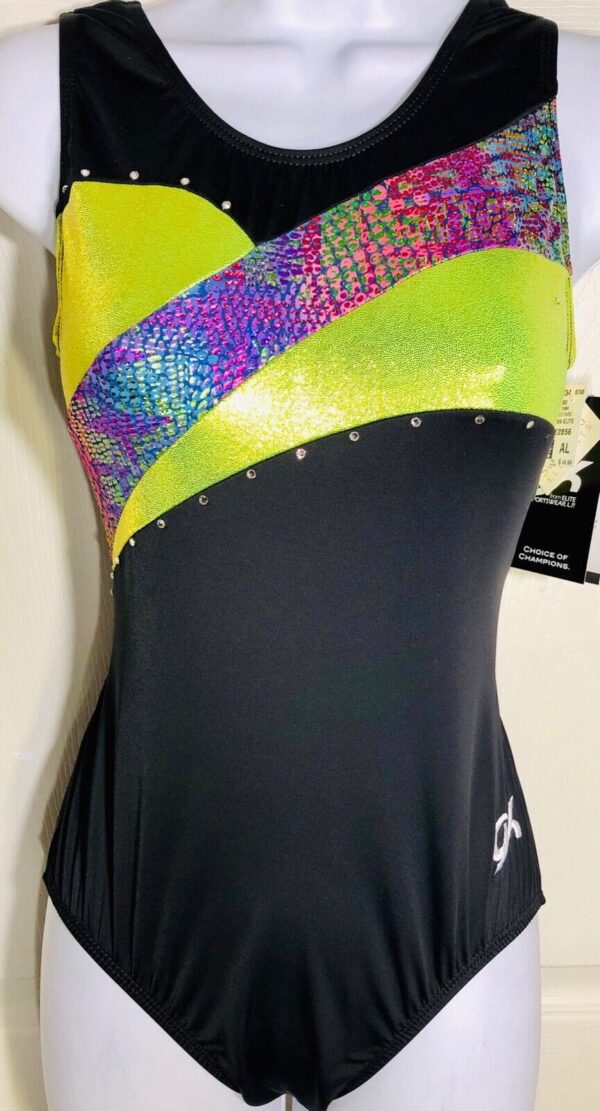 GK BLACK TANK ADULT LARGE CHARADE LIME FOIL SWAR CRYSTALS GYMNASTS LEOTARD Sz AL