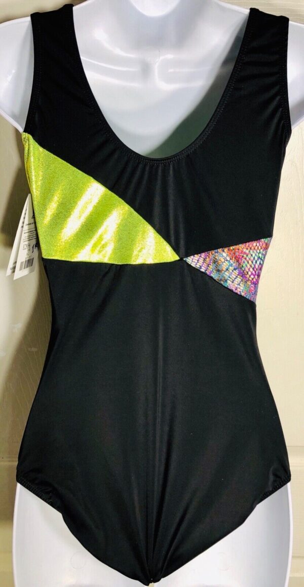 GK BLACK TANK ADULT LARGE CHARADE LIME FOIL SWAR CRYSTALS GYMNASTS LEOTARD Sz AL - Image 2