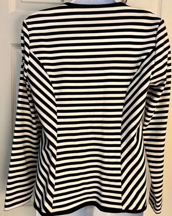 SUNNY LEIGH WOMENS SMALL BLACK WHITE STRIPED FITTED STRETCH BLAZER JACKET Sz S - Image 3