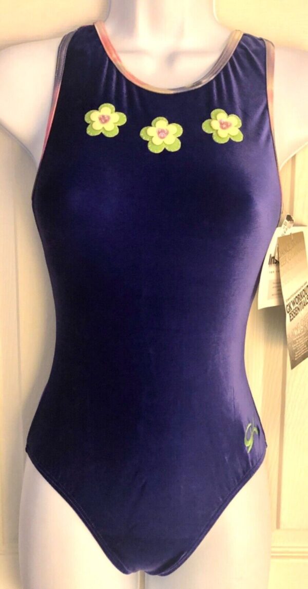 GK PURPLE VELVET ADULT X-SMALL FOIL TRIM FLORAL APP GYMNAST TANK LEOTARD Sz AXS