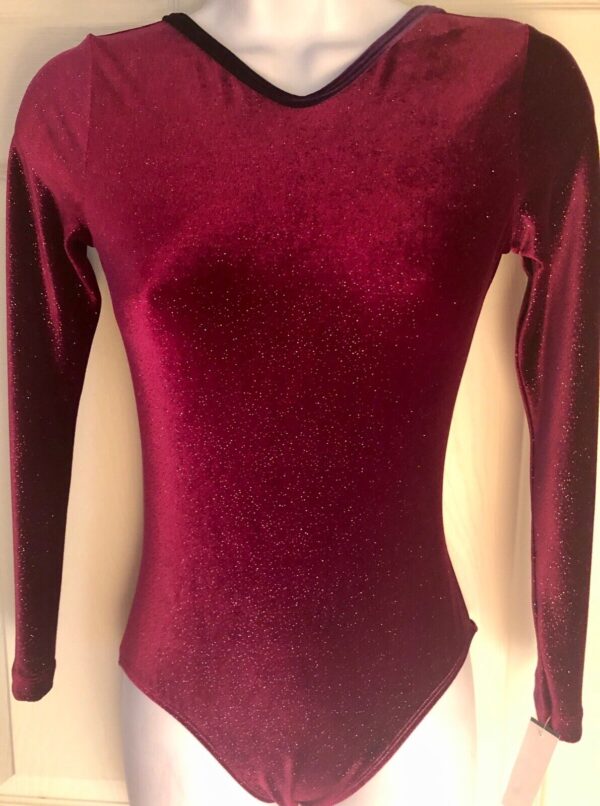 GK Elite BURGUNDY SPARKLE VELVET LgS GYMNASTIC DANCE LEOTARD AS