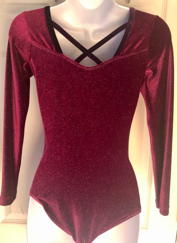 GK Elite BURGUNDY SPARKLE VELVET LgS GYMNASTIC DANCE LEOTARD AS - Image 3