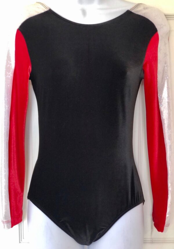 GK LgS BLACK RED VELVET LADIES SMALL WHITE SHIMMER GYMNASTICS DANCE LEOTARD AS