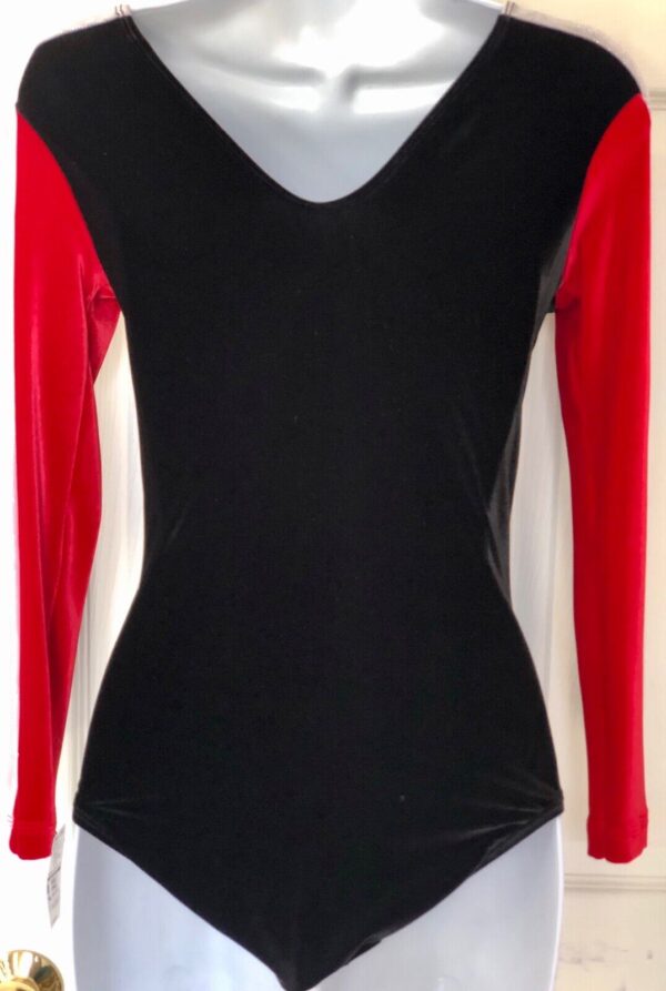 GK LgS BLACK RED VELVET LADIES SMALL WHITE SHIMMER GYMNASTICS DANCE LEOTARD AS - Image 3