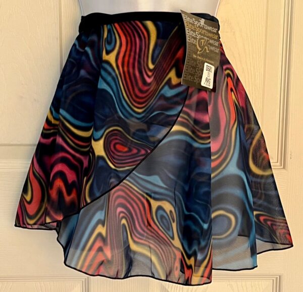 GK DANCE WRAP SKIRT ADULT X-SMALL ABSTRACT WAVE PATTERN BLACK VELVT TIE XS NWT!