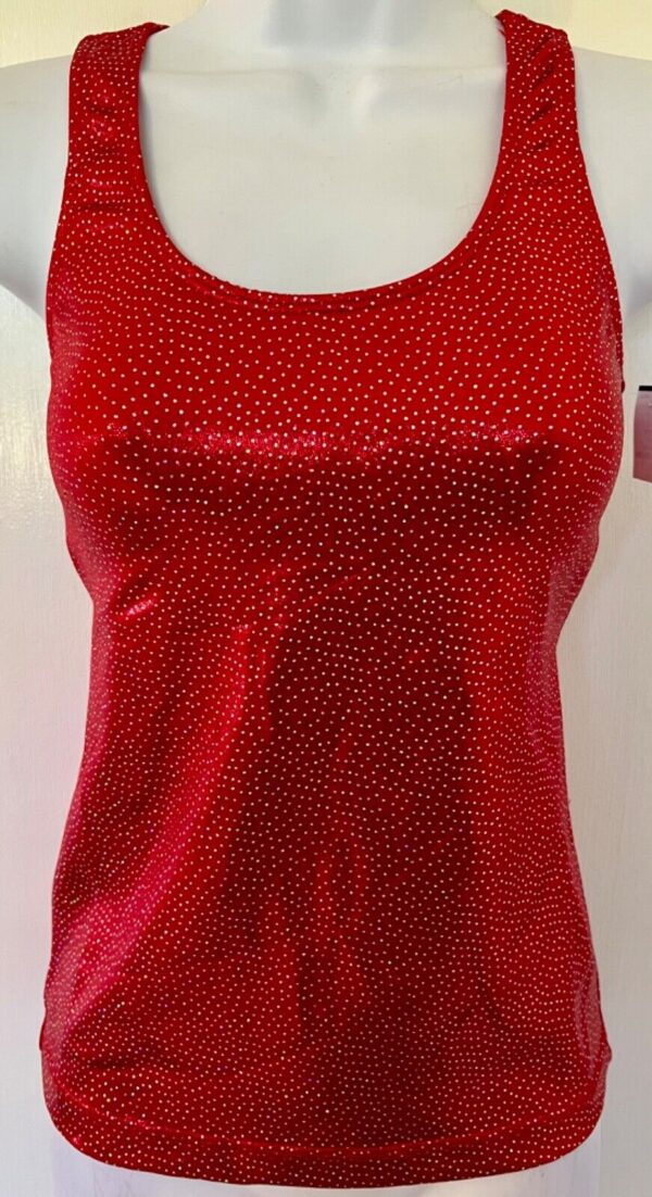 GK DANCE CHEER ADULT SMALL RED DOTTED FOIL SLVLS RACERBACK TANK TOP Sz AS NWT!