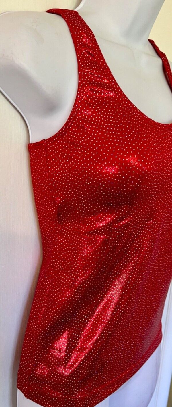 GK DANCE CHEER ADULT SMALL RED DOTTED FOIL SLVLS RACERBACK TANK TOP Sz AS NWT! - Image 3