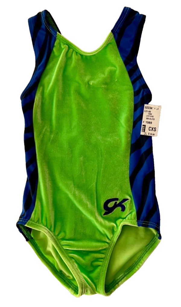 GK GREEN CHILD X-SMALL GREEN VELVET BLUE BLACK GYMNASTICS DANCE TANK LEOTARD XS