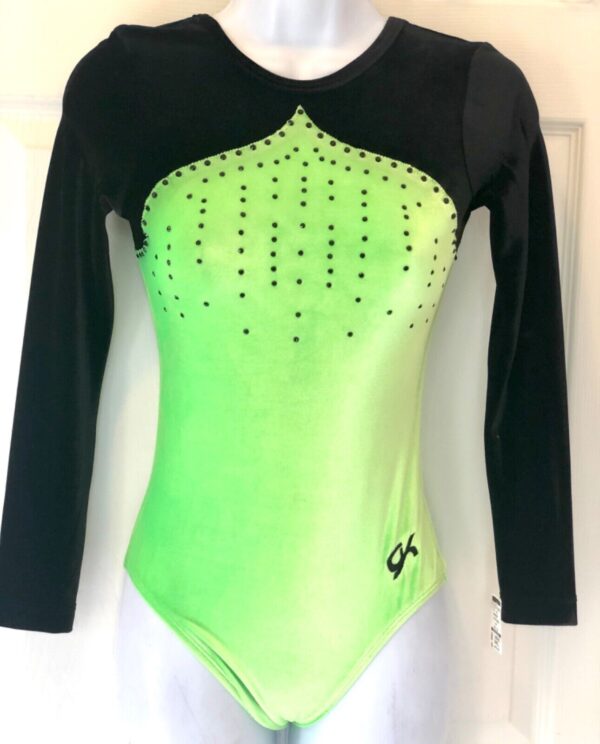 GK LgSLV NEON LIME BLACK VELVET ADULT BLACK JA GYMNASTIC DANCE LEOTARD Sz AS NWT