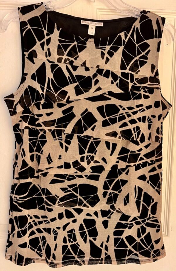 DANA BUCHMAN BLACK BEIGE SHEER LAYERS WOMENS MEDIUM SLVLS DRESSY TOP Sz M EUC! - Image 3