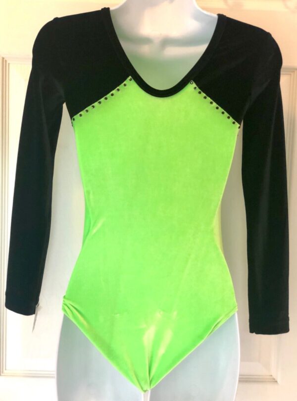 GK LgSLV NEON LIME BLACK VELVET ADULT BLACK JA GYMNASTIC DANCE LEOTARD Sz AS NWT - Image 3