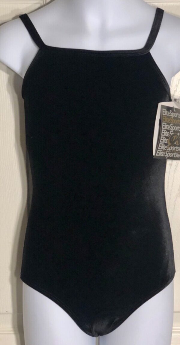 GK Elite GIRLS SMALL BLACK VELVET CAMISOLE DANCE GYMNASTICS LEOTARD SZ CS NWT!