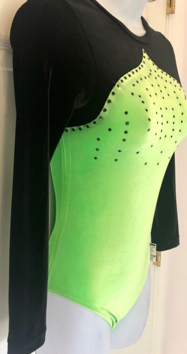 GK LgSLV NEON LIME BLACK VELVET ADULT BLACK JA GYMNASTIC DANCE LEOTARD Sz AS NWT - Image 4