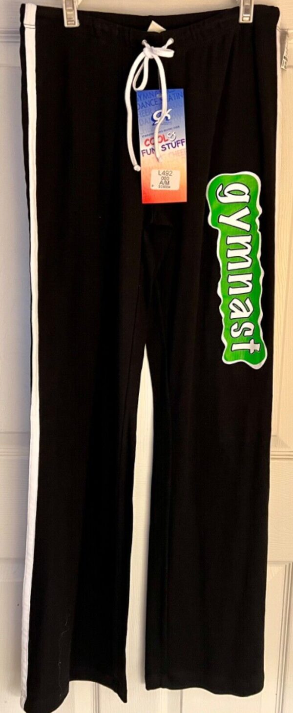 GK 'GYMNASTâ€™ GRAPHIC LADIES MEDIUM BLACK 100% COTTON CHEER LOUNGE PANTS Sz AM - Image 2