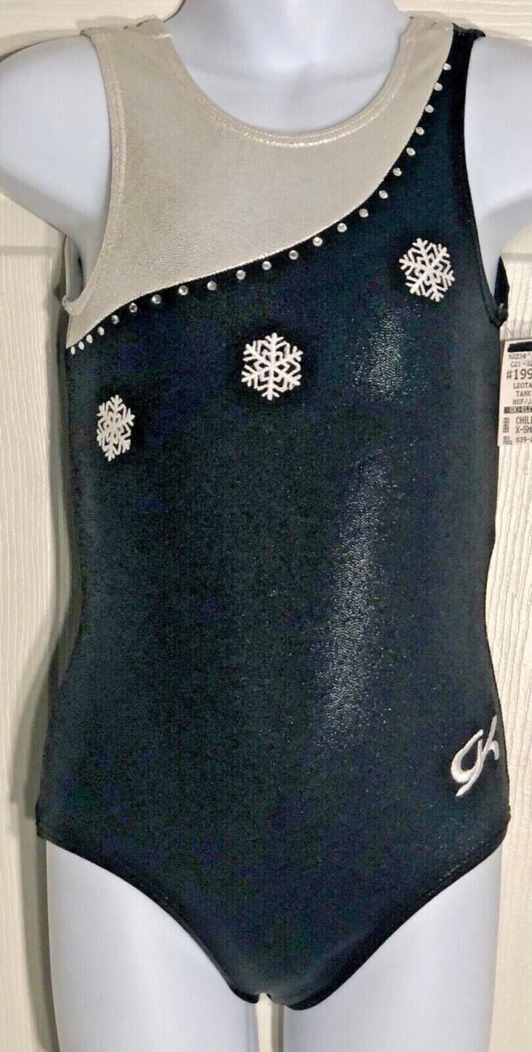 GK BLACK MYSTIQUE GIRLS X-SMALL SLVLS SNOWFLAKES JA GYMNASTICS DANCE LEOTARD CXS