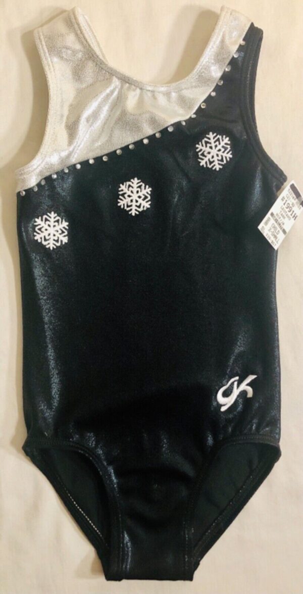 GK BLACK MYSTIQUE GIRLS X-SMALL SLVLS SNOWFLAKES JA GYMNASTICS DANCE LEOTARD CXS - Image 2