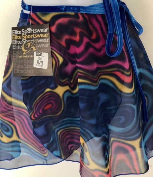 GK DANCE WRAP SKIRT ADULT MEDIUM ABSTRACT WAVE PATTERN BLUE VELVET TIE SZ M NWT!