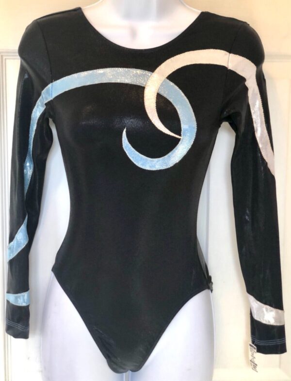 GK LONG SLEEVE LADIES SMALL BLACK BLUE WHITE FOIL  DANCE LEOTARD AS