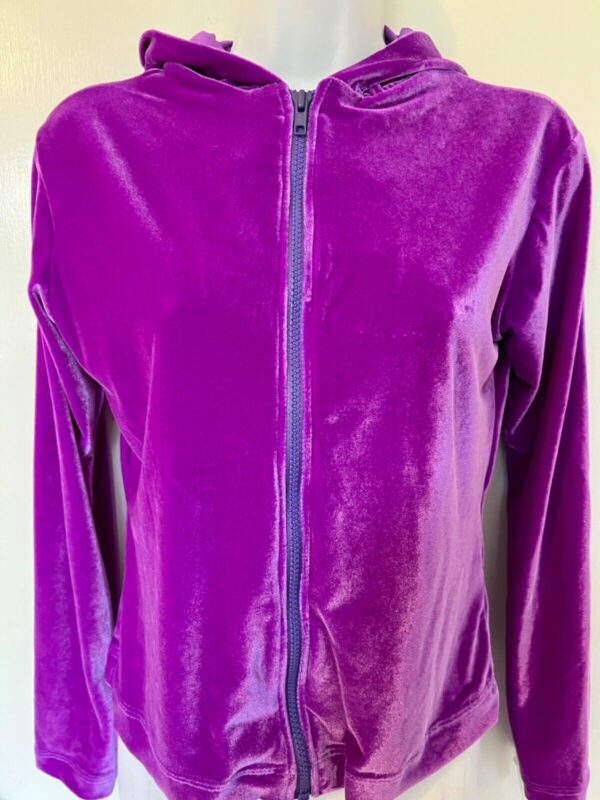 GK WARM UP JACKET LADIES SMALL PURPLE VELVET ZIP FRONT HOODED GYM DANCE SKATE S