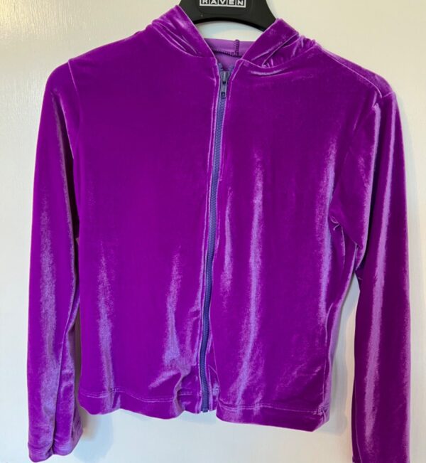 GK WARM UP JACKET LADIES SMALL PURPLE VELVET ZIP FRONT HOODED GYM DANCE SKATE S - Image 3