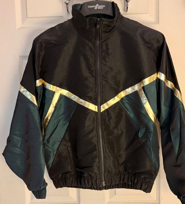 GK WARM UP JACKET ADULT X-SMALL BLACK GREEN IRIDESCENT GOLD STRIPE GYM CHEER XS