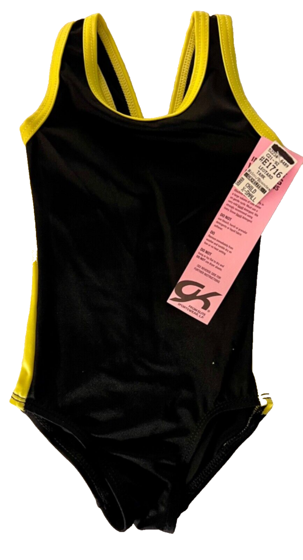 GK SPORTY CHILD X-SMALL BLACK RACERBACK YELLOW SIDES GYMNASTS TANK LEOTARD SZ XS - Image 7