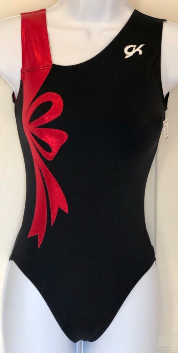 GK RED BOW FOIL ADULT X-SMALL BLACK N/S GYMNASTIC DANCE TANK LEOTARD AXS NWT!