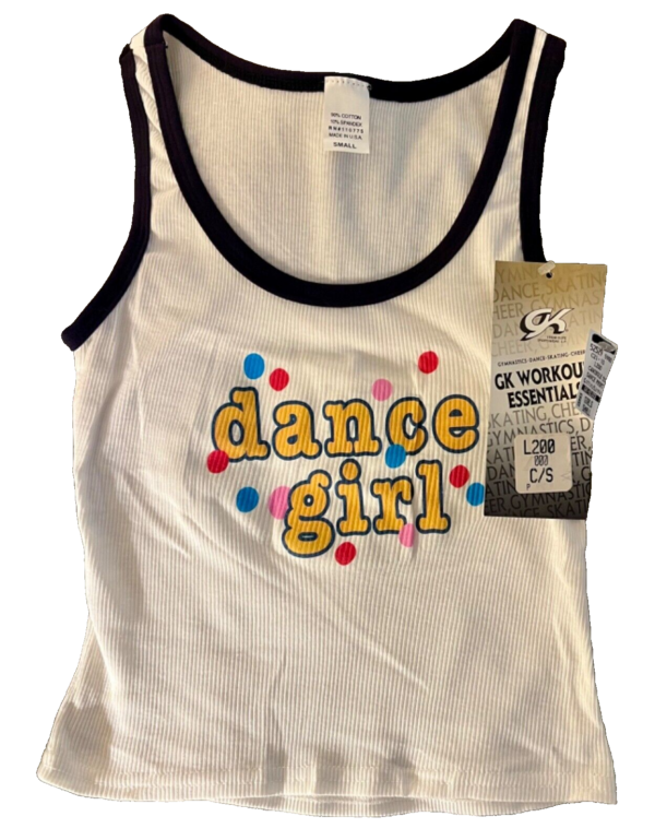 GK FUN TANK PJ TOP GIRLS SMALL â€˜DANCE GIRLâ€™ WHITE COTTON RIBBED BLACK TRIM SZ S - Image 8