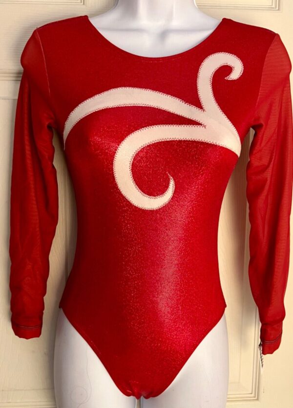 GK LgSLV LADIES SMALL RED SPARKLE FOIL MESH WHITE GYMNASTICS DANCE LEOTARD Sz AS