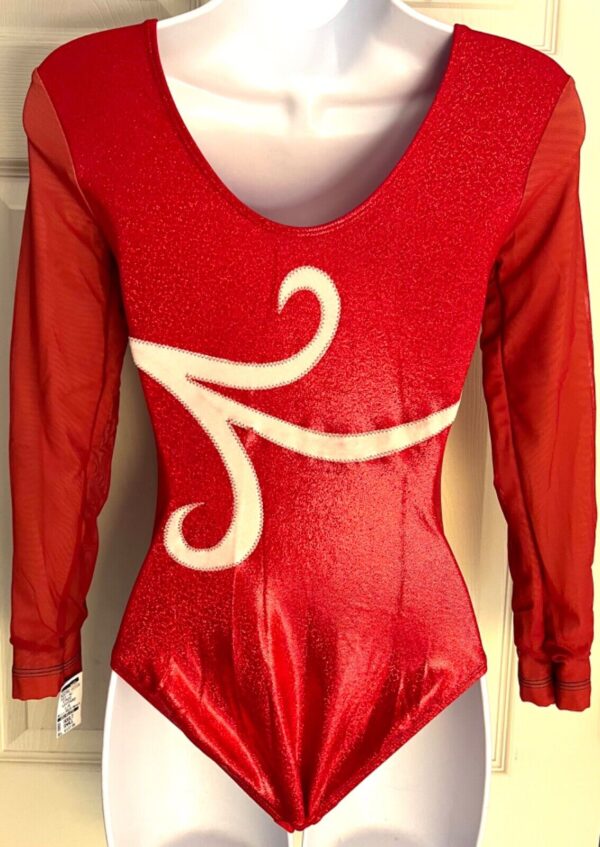 GK LgSLV LADIES SMALL RED SPARKLE FOIL MESH WHITE GYMNASTICS DANCE LEOTARD Sz AS - Image 5