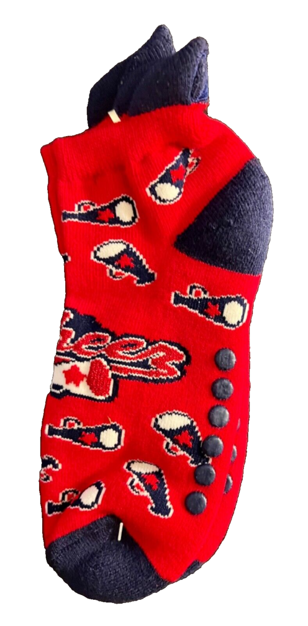 GK CHEER FUN LADIES 9-11 SLIPPER SOCKS GRIPS RED WHITE BLUE CHEER GRAPHIC 9-11