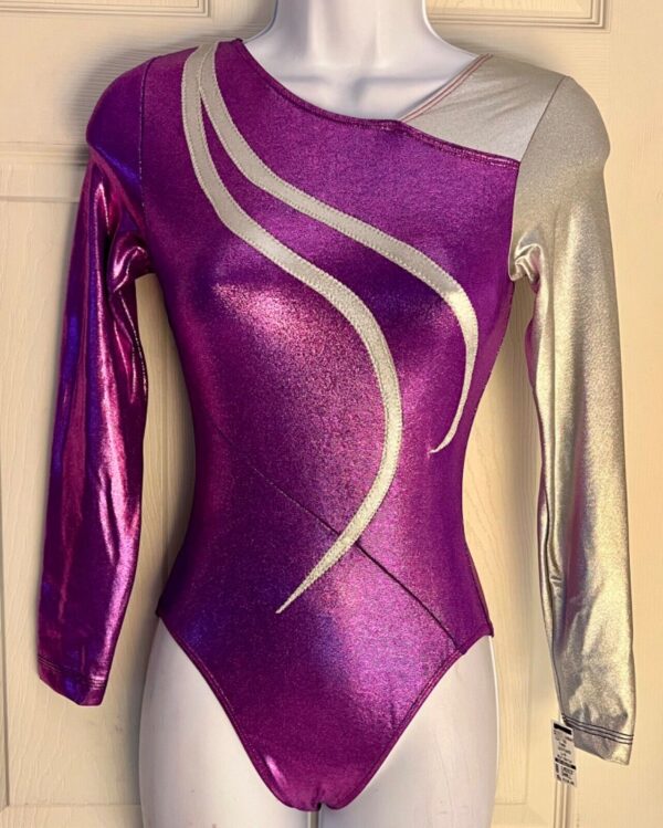 GK LgS PURPLE FOIL ADULT SMALL SILVER METALLIC GYMNAST DANCE CHEER LEOTARD Sz AS