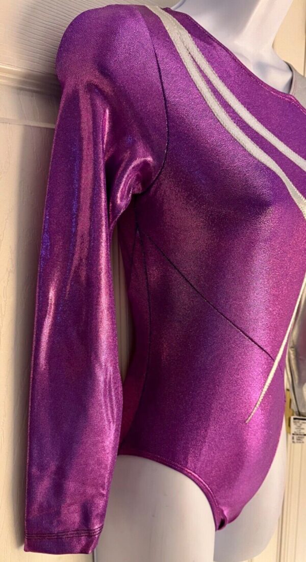 GK LgS PURPLE FOIL ADULT SMALL SILVER METALLIC GYMNAST DANCE CHEER LEOTARD Sz AS - Image 4