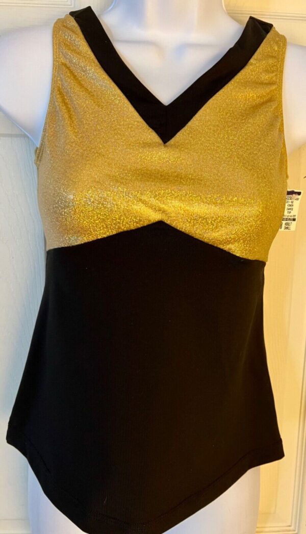 GK DANCE CHEER LADIES SMALL GOLD SPARKLE BLACK DRY TECH V-NECK PERFORM TOP Sz AS