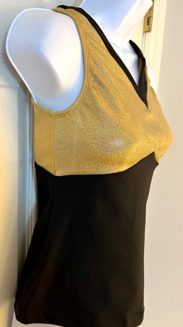 GK DANCE CHEER LADIES SMALL GOLD SPARKLE BLACK DRY TECH V-NECK PERFORM TOP Sz AS - Image 3