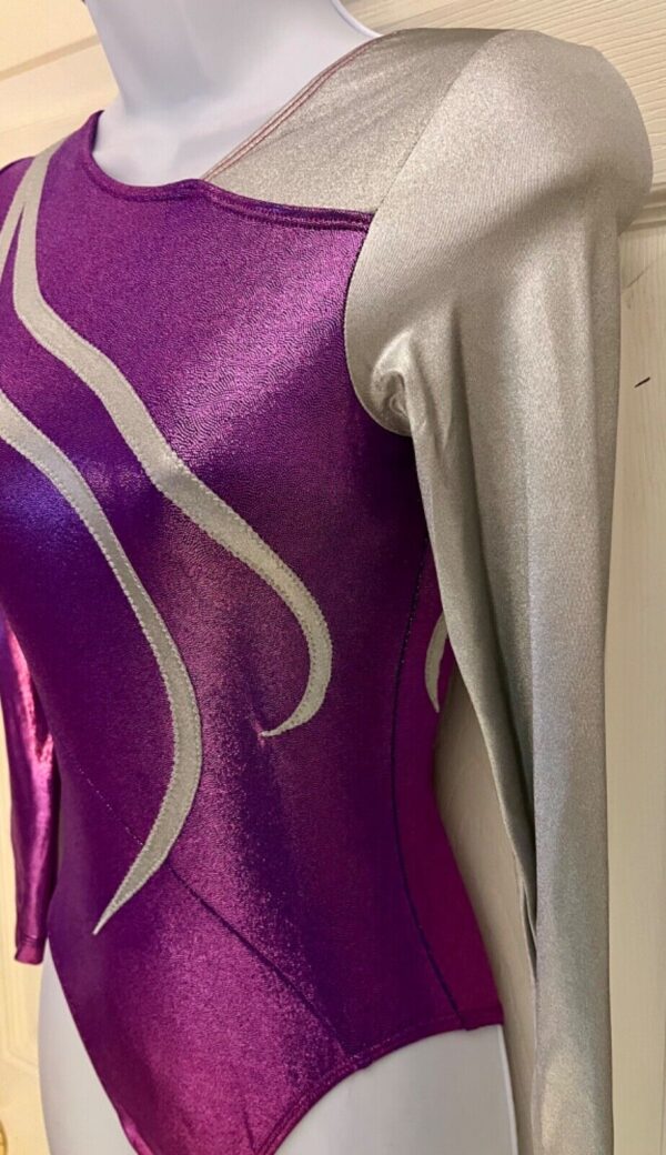 GK LgS PURPLE FOIL ADULT SMALL SILVER METALLIC GYMNAST DANCE CHEER LEOTARD Sz AS - Image 5