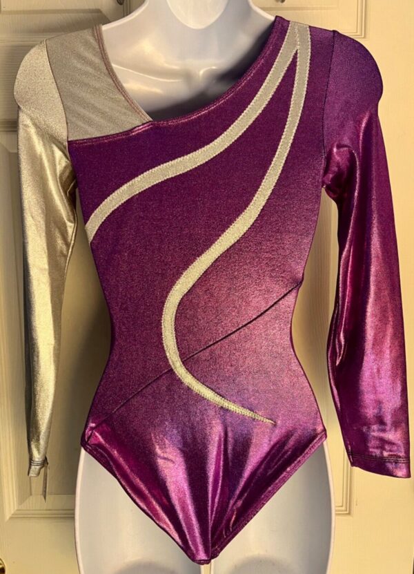 GK LgS PURPLE FOIL ADULT SMALL SILVER METALLIC GYMNAST DANCE CHEER LEOTARD Sz AS - Image 6