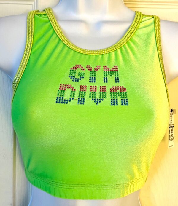 GK ADULT SMALL GREEN VELVET FLORAL AP â€œGYM DIVAâ€ METAL BEADS TANK CROP TOP Sz AS