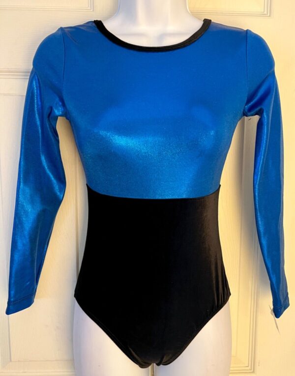 GK LgSLV BLUE MYSTIQUE BLACK VELVET ADULT SMALL GYMNASTICS DANCE LEOTARD Sz AS