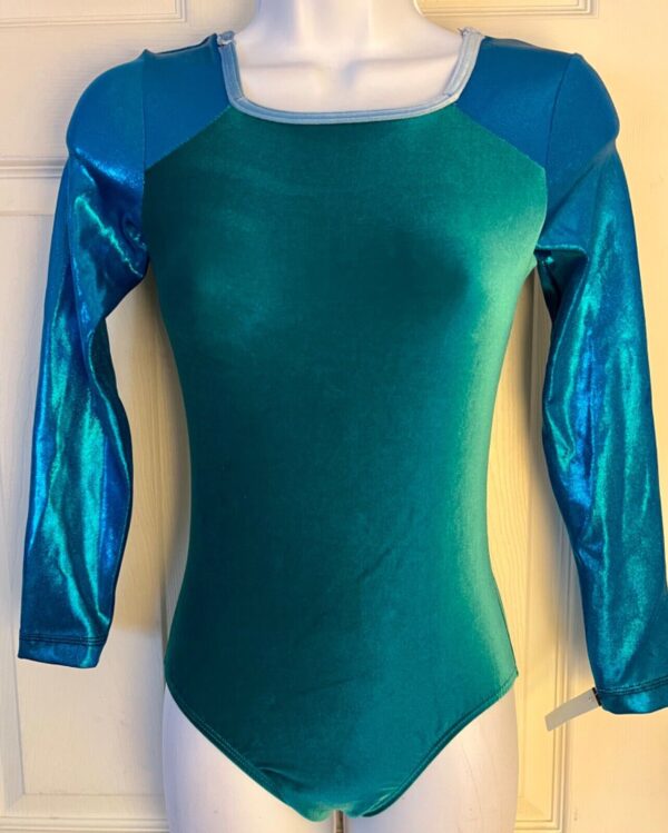 GK LADIES X-SMALL  LgSLV GREEN VELVET BLUE FOIL GYMNASTICS DANCE LEOTARD SZ XS