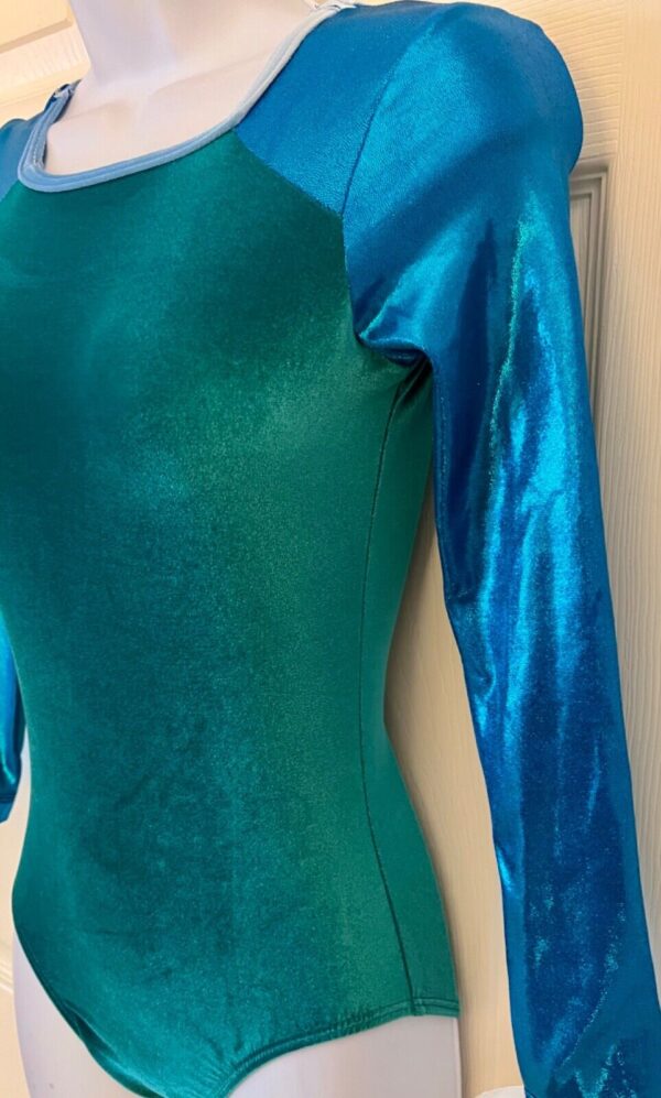 GK LADIES X-SMALL  LgSLV GREEN VELVET BLUE FOIL GYMNASTICS DANCE LEOTARD SZ XS - Image 3