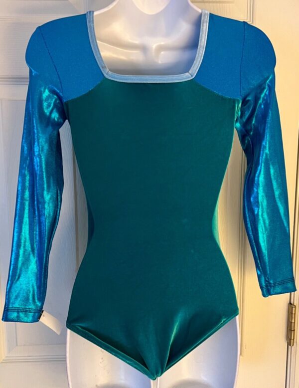 GK LADIES X-SMALL  LgSLV GREEN VELVET BLUE FOIL GYMNASTICS DANCE LEOTARD SZ XS - Image 4