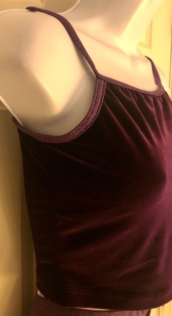 GK DANCE JAZZ LADIES LARGE PURPLE VELVET X-BACK FOIL STRAPS CAMISOLE TOP Sz AL - Image 3