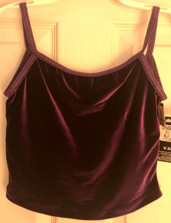 GK DANCE JAZZ LADIES LARGE PURPLE VELVET X-BACK FOIL STRAPS CAMISOLE TOP Sz AL - Image 6