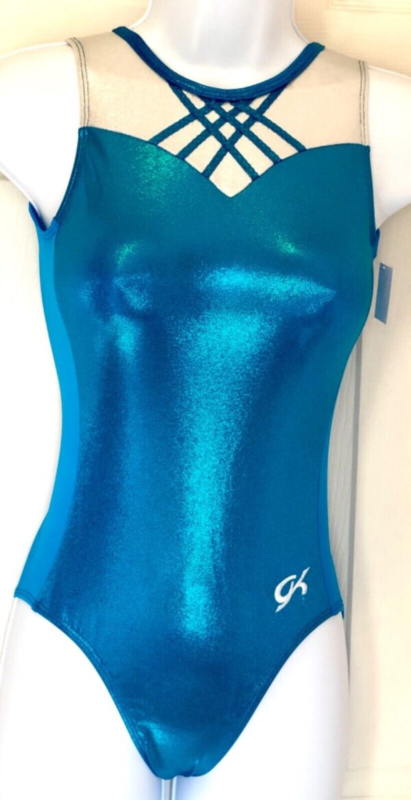 GK TURQUOISE FOIL ADULT X-SMALL CRISSCROSS SILVER GYMNASTIC TANK LEOTARD AXS NWT