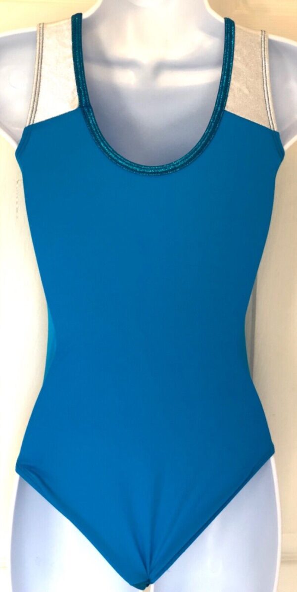 GK TURQUOISE FOIL ADULT X-SMALL CRISSCROSS SILVER GYMNASTIC TANK LEOTARD AXS NWT - Image 3