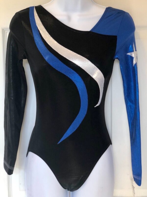 GK LONG SLEEVE LADIES SMALL ASYM BLACK BLUE WHITE FOIL DANCE LEOTARD AS