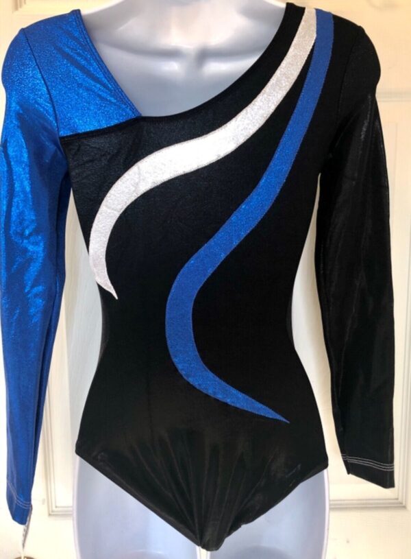 GK LONG SLEEVE LADIES SMALL ASYM BLACK BLUE WHITE FOIL DANCE LEOTARD AS - Image 6