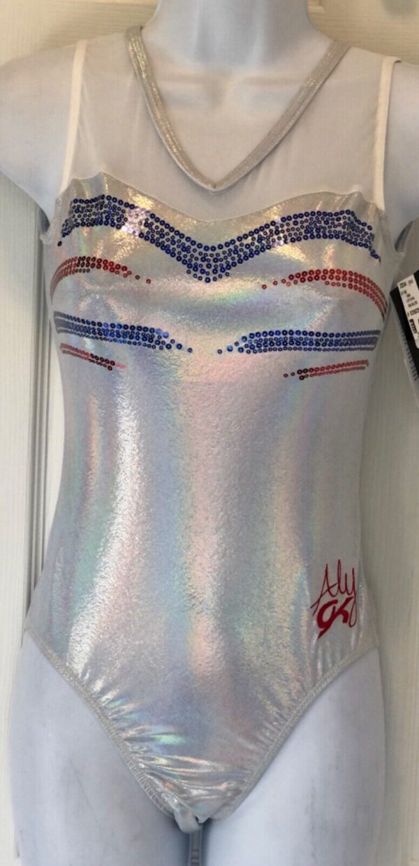 ALY RAISMAN WHITE OPAL ADULT SMALL ROYAL RED SEQ GYMNASTIC DANCE TANK LEOTARD AS